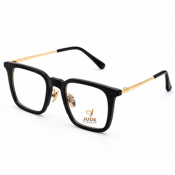 Jude Eyewear Onyx & Gold square-frame glasses, angled view.